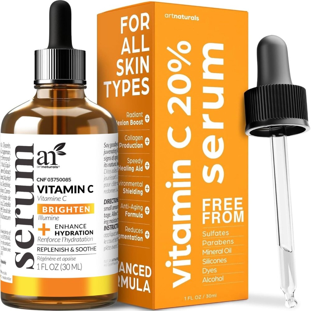 artnaturals Anti-Aging Vitamin C Serum - (1 Fl Oz / 30ml) - with Hyaluronic Acid and Vit E - Wrinkle Repairs Dark Circles, Fades Age Spots and Sun Damage - Enhanced 20% Vitamin C