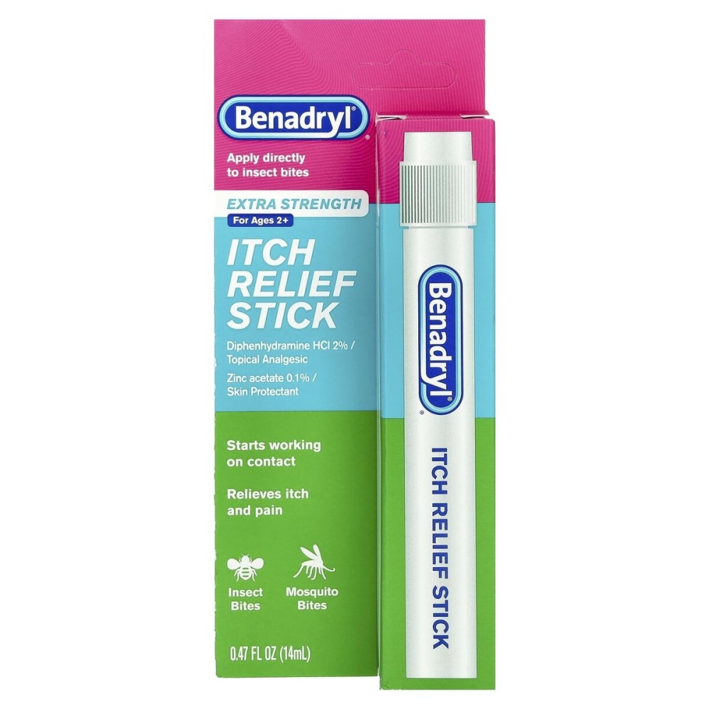 Benadryl Extra Strength Anti-Itch Relief Stick, Bug Bite Itch Relief, Diphenhydramine HCl Topical Analgesic & Zinc Acetate Skin Protectant, Great for Camping Essentials, 0.47 fl oz