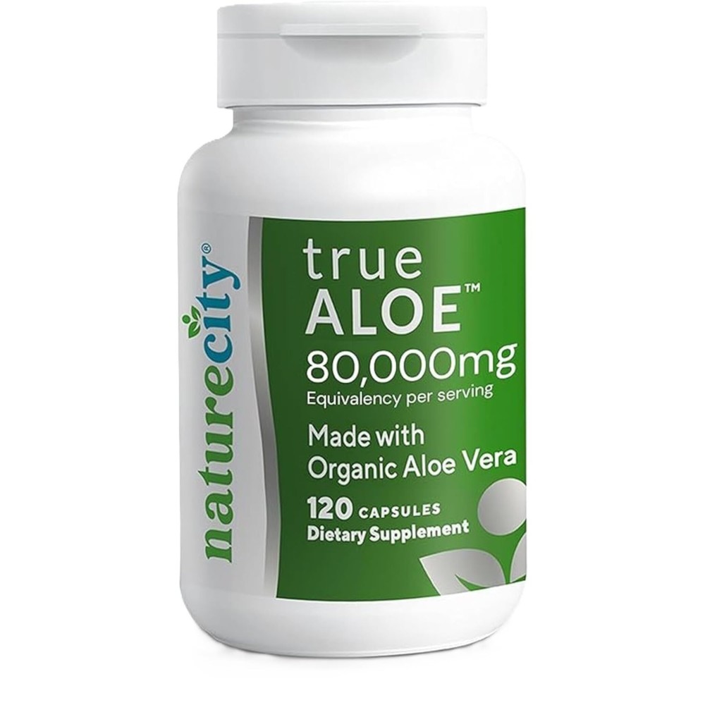 NatureCity True-Aloe Gut Health Support - 80,000mg Aloe Vera Gel Equivalent Per Serving - Organic Aloe Vera (120 Capsules) for Digestive, Skin & Joint Support | Small Easy-to-Swallow Pills