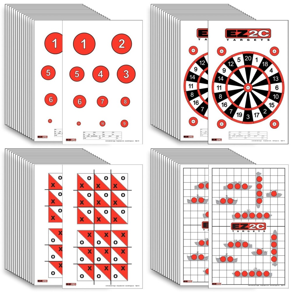 EZ2C Games Four Game Style Target Paper for Gun Shooting Range, USA Made Handgun, Rifle and Pistol, Made in USA (11x17 inch) (4 Style Bundle 40)