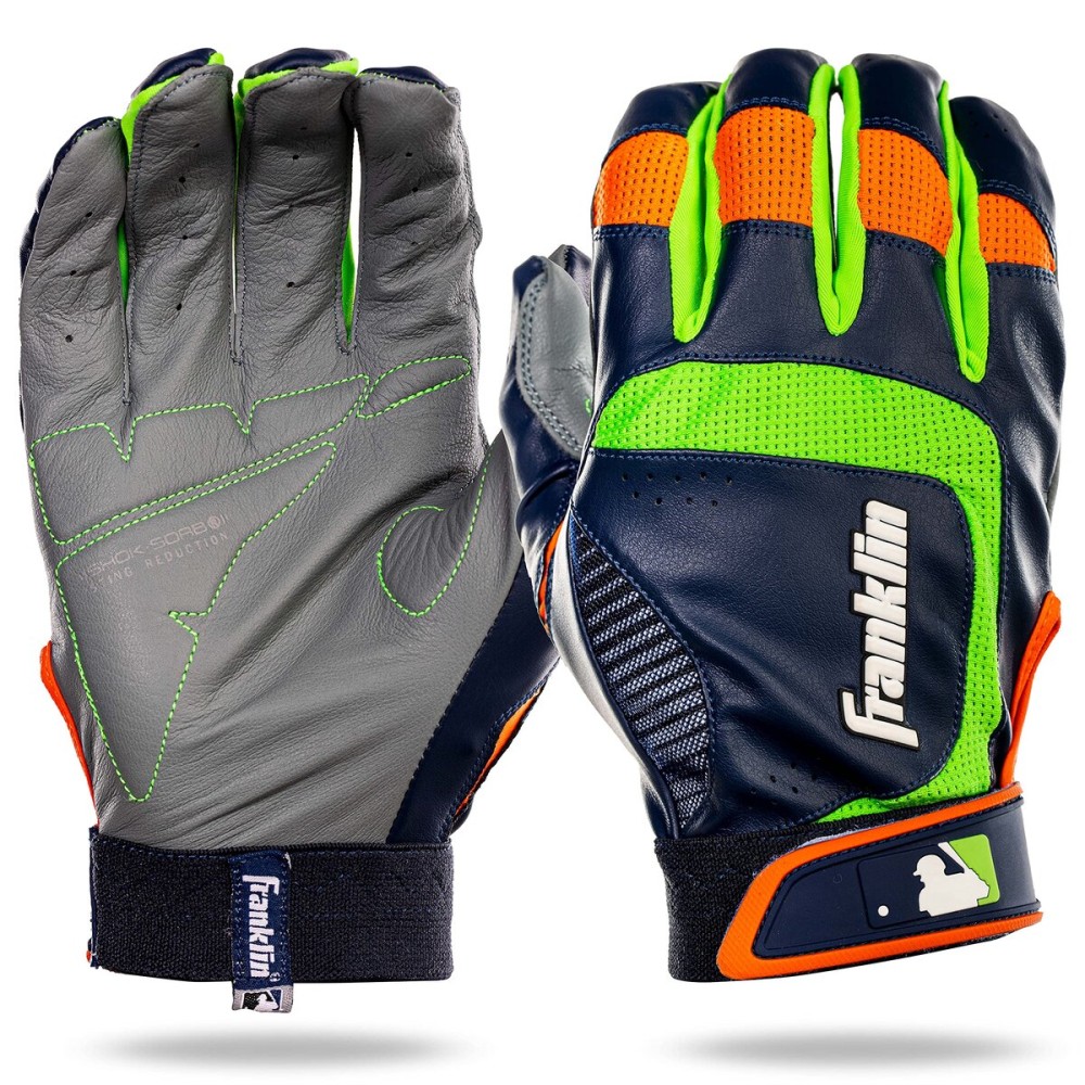 Franklin Sports MLB Shok-Sorb Neo Batting Gloves, Gray/Navy/Lime