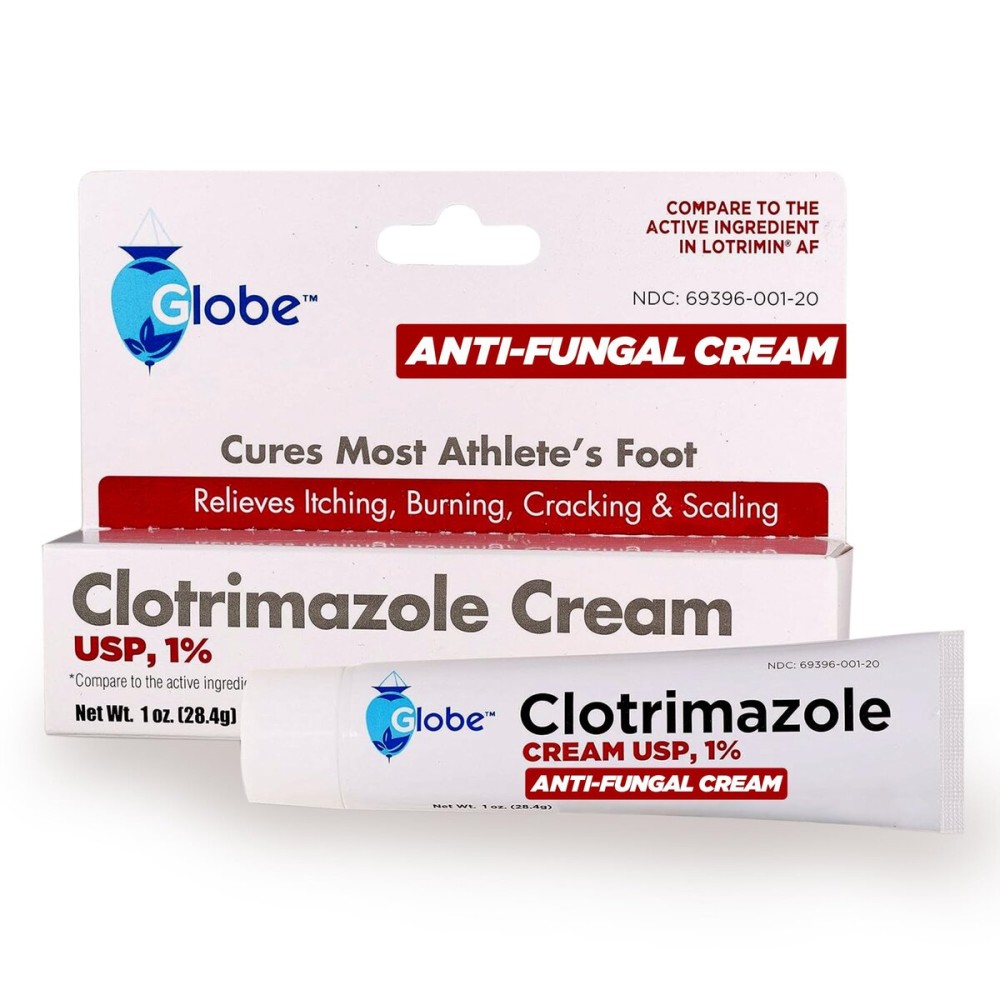 Globe Clotrimazole Antifungal Cream 1% USP (1 oz), Anti Fungal Treatment, Relieves Itching, Burning, Cracking and Scaling Associated Athletes Foot, Jock Itch, Ringworm and More