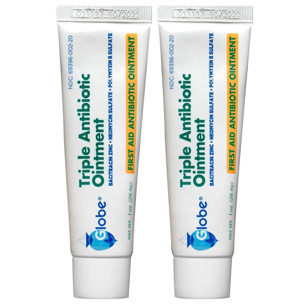 Globe Triple Antibiotic First Aid Ointment, 1 oz (2-Pack) First Aid Antibiotic Ointment, 24-Hour Infection Protection, Wound Care Treatment for Minor Scrapes, Burns and Cuts