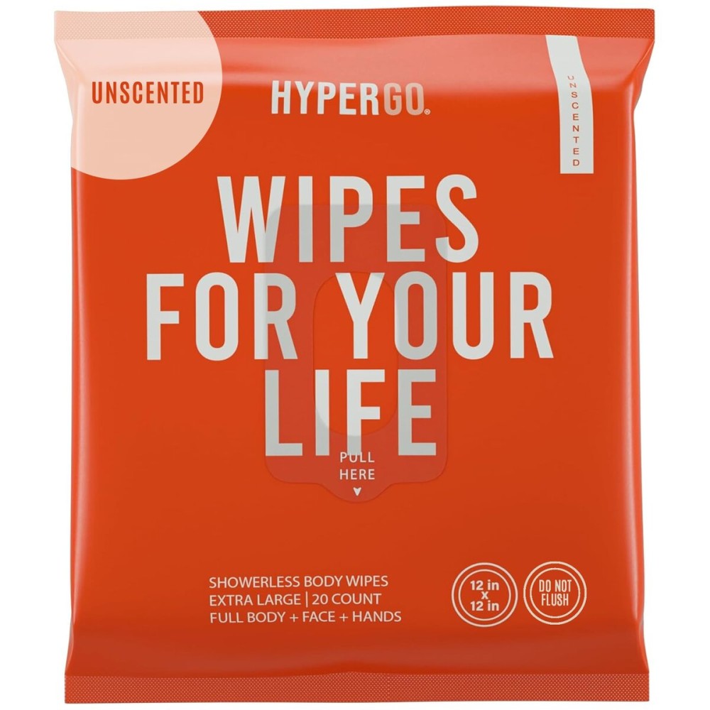 HyperGo XL Body Wipes for Women & Men - 12 x12 Rinse-Free Full Body Cleansing Wipes 20 Count Pack - Unscented | Biodegradable, Hypoallergenic, Aloe-Infused | Gym, Festival, Camping Essentials