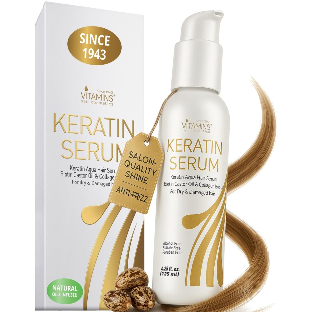 VITAMINS hair cosmetics Keratin Hair Serum for Frizzy and Damaged Hair - Anti Frizz Serum with Biotin, Castor Oil & Collagen for Heat Protection, Shine and Gloss Treatment - 4.25 Fl Oz