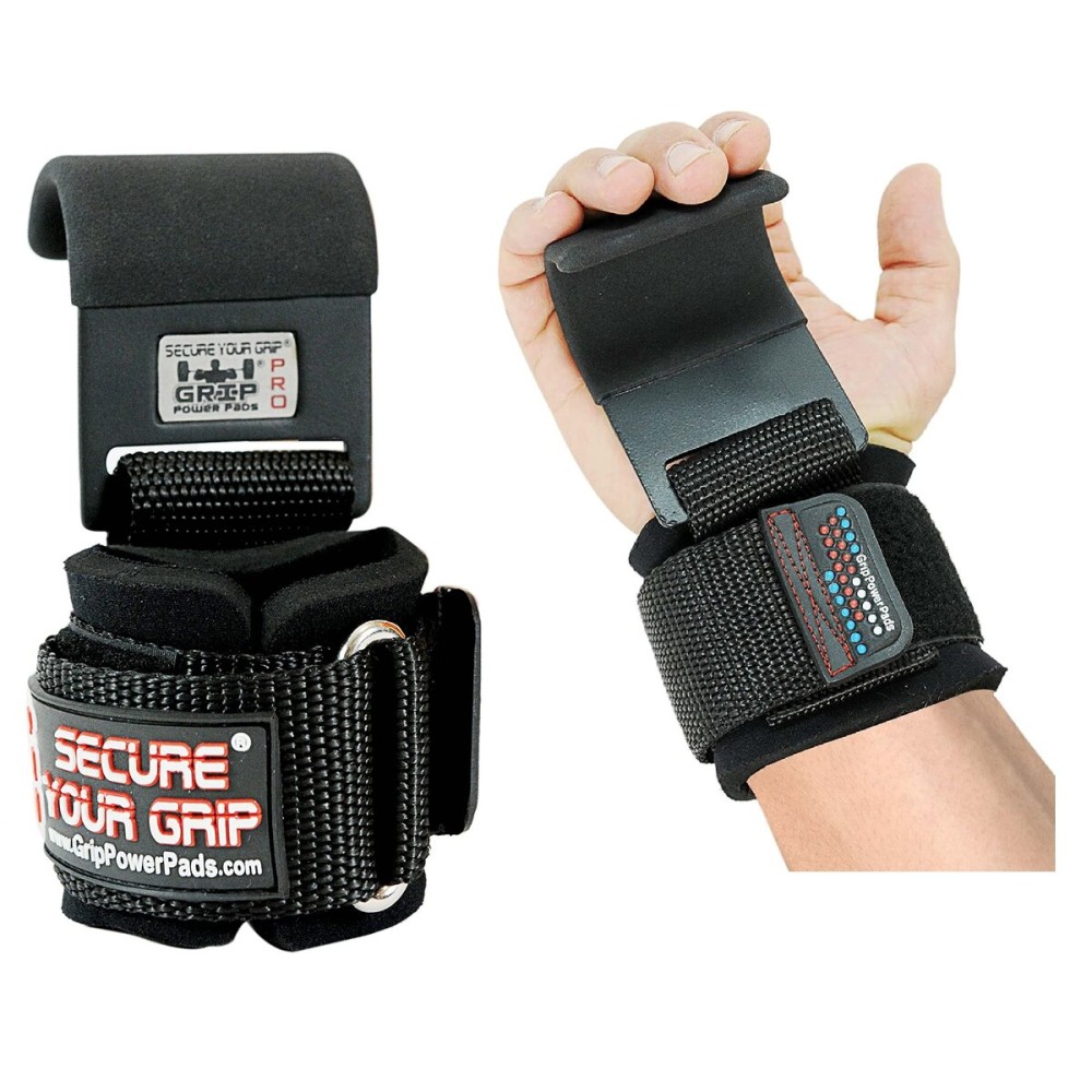 Weight Lifting Metal Hooks Heavy Duty PRO Lifting Wrist Straps Deadlift Straps Power Lifting Grips Gym Gloves Men & Women (Flat Black 2 Hooks, MEN-Wrist Size Large)