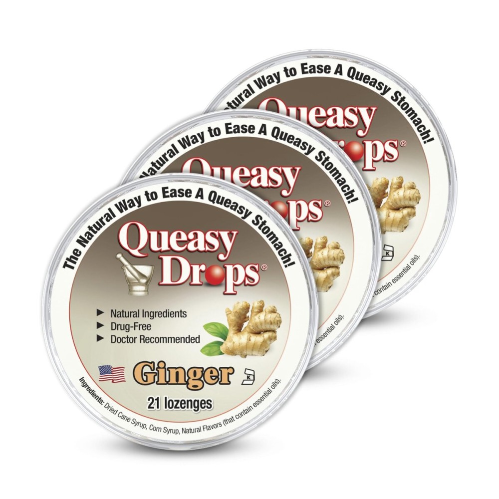 Three Lollies Queasy Drops - Ginger Flavor - Relief from Nausea & Travel Sickness, Soothes a Dry Mouth & Settles Stomach - Natural Ingredients - 21 ct (Pack of 3)