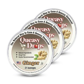 Three Lollies Queasy Drops - Ginger Flavor - Relief from Nausea & Travel Sickness, Soothes a Dry Mouth & Settles Stomach - Natural Ingredients - 21 ct (Pack of 3)