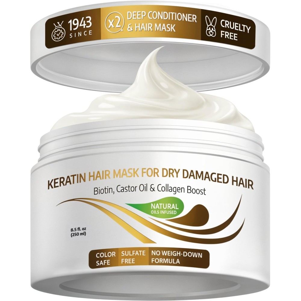 VITAMINS hair cosmetics Keratin Hair Mask - Protein Repair Keratin Treatment - Deep Conditioner for Dry, Damaged, Curly, Straight & Frizzy Hair with Biotin, Collagen & Castor Oil - 8.5 Fl Oz