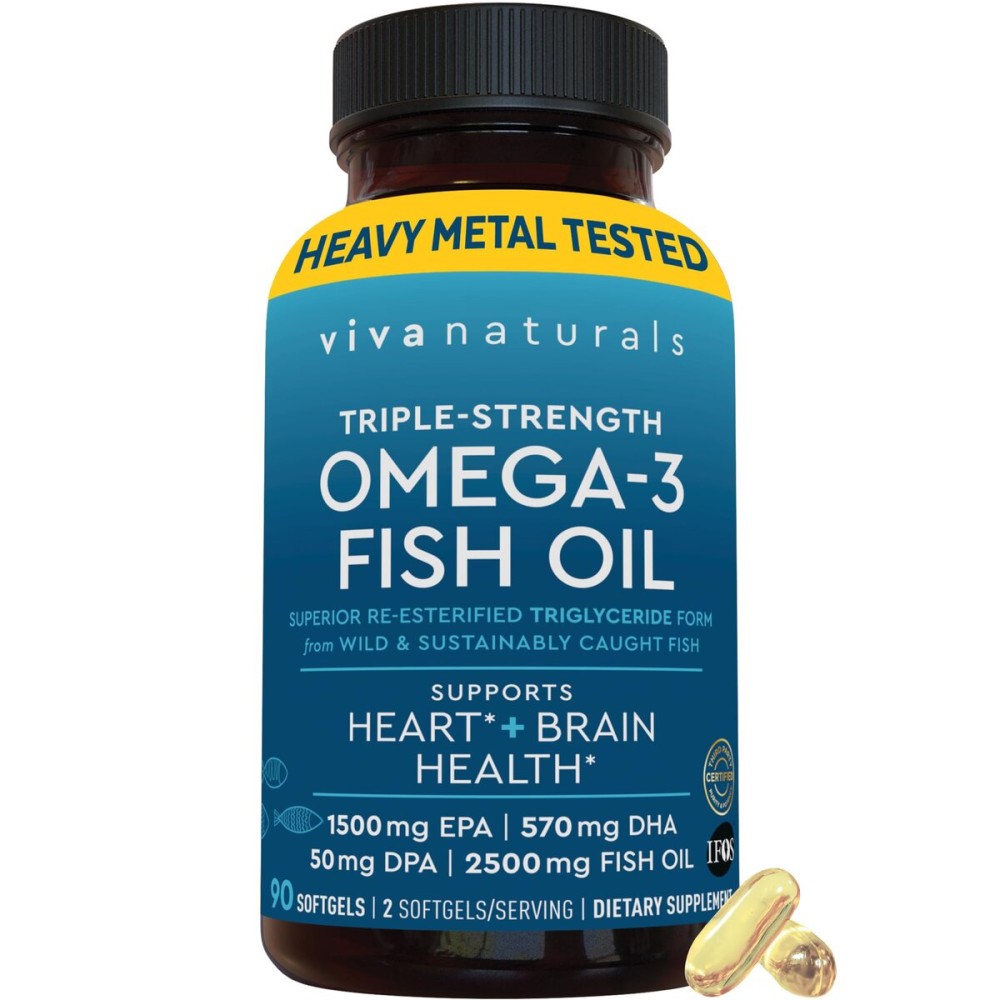 Viva Naturals Triple Strength Omega 3 Fish Oil Pills - 2500 mg High-Potency Formula with 2250 mg Omega 3 Fatty Acids (Including EPA, DHA, DPA) in rTG Form for Absorption - IFOS Certified, 90 Softgels