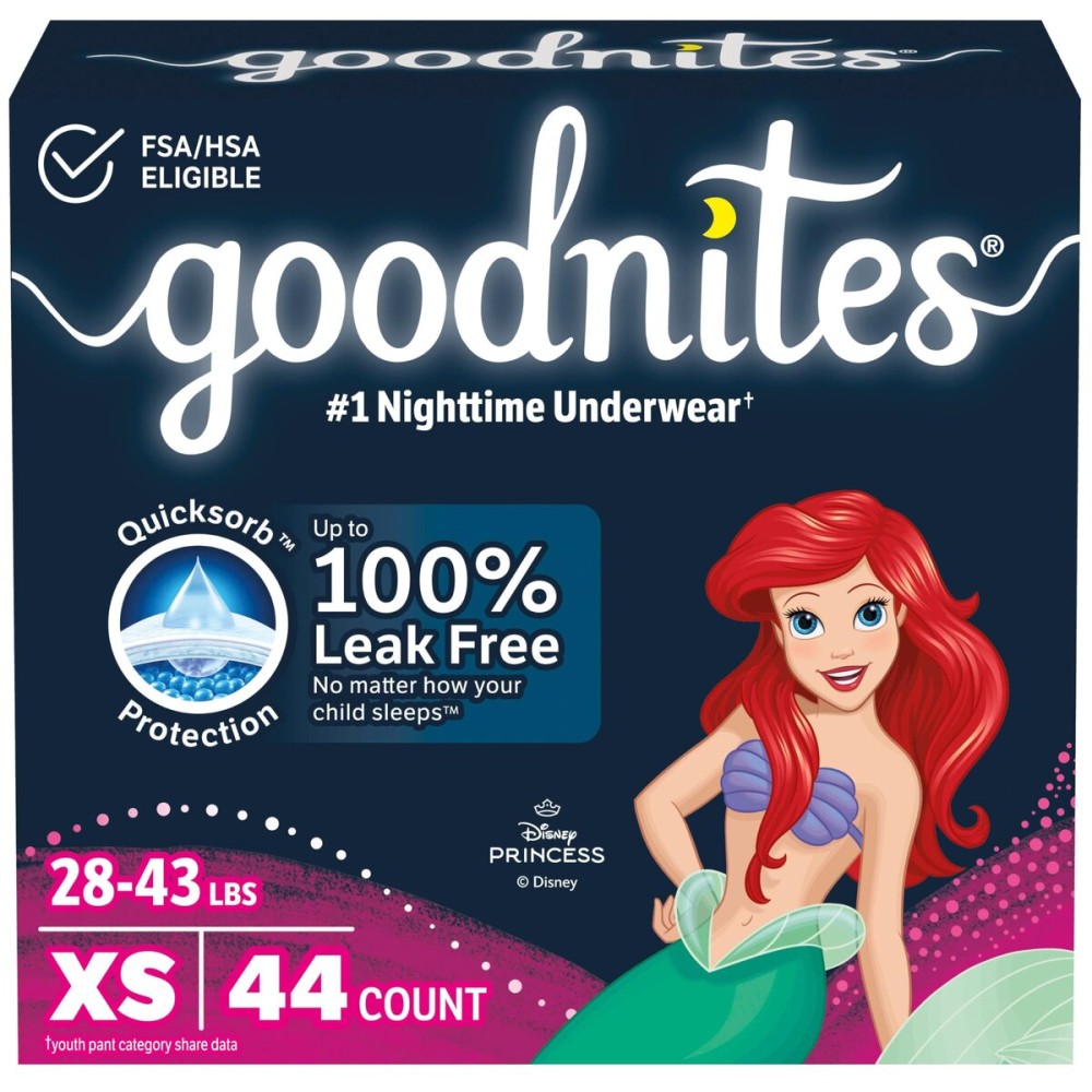Goodnites Girls\' Nighttime Bedwetting Underwear, Size Extra Small (28-43 lbs), 44 Ct (2 Packs of 22), Packaging May Vary