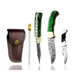 Best.Buy.Damascus1 Damascus pocket knife Green Wood knife Folding knife, Pocket Knife For Men, Pocket Knife 3Pcs Knife Set Come With knife sharpeners Premium Quality gifts for men