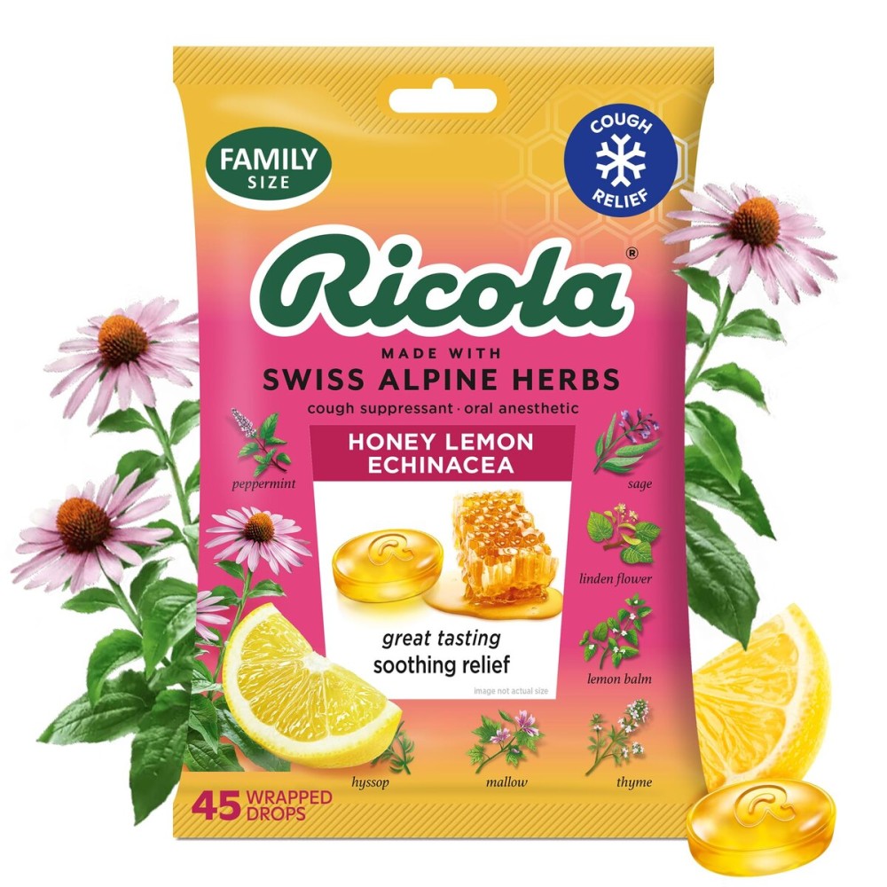 Ricola Honey Lemon Echinacea Cough Drops with Menthol - Minor Cough and Sore Throat Relief - 45 Count - Herbal Throat Lozenges