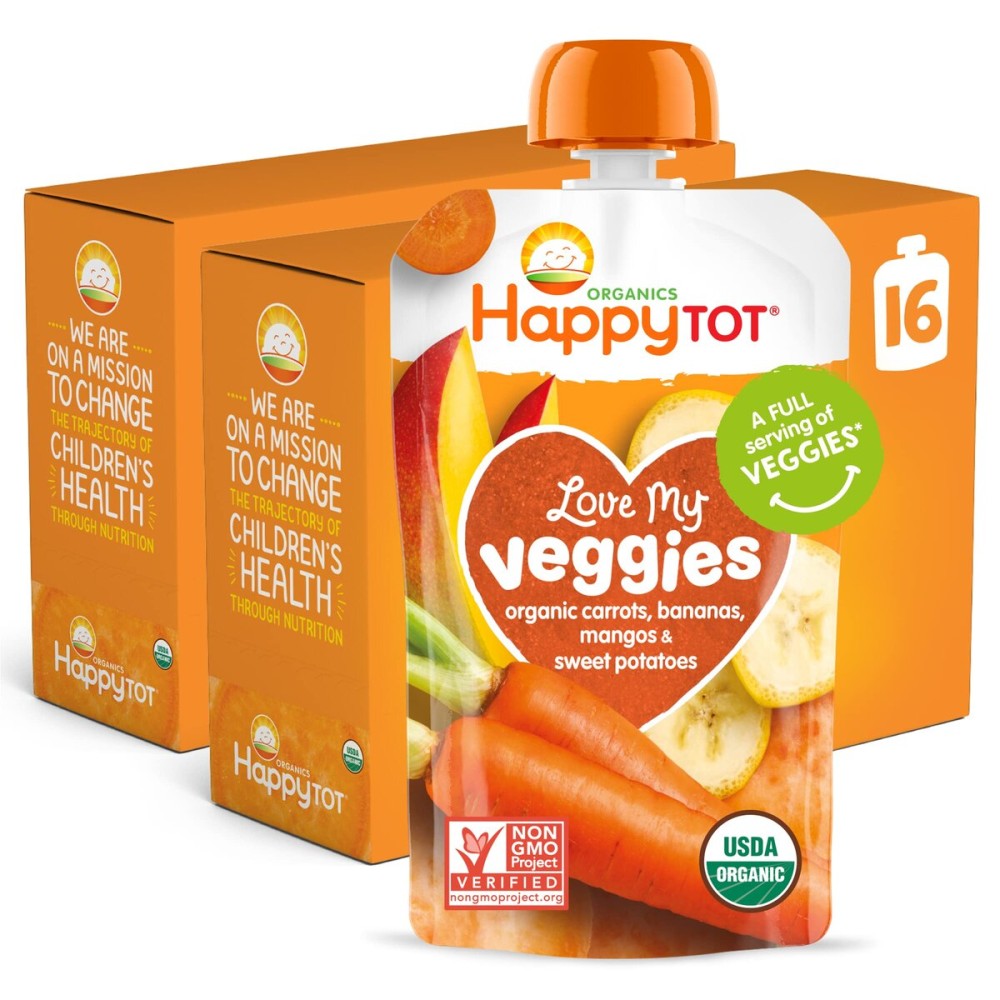 HAPPYTOT Organics Stage 4 Baby Food Pouches, Gluten Free, Vegan Snack, Love My Veggies, Fruit & Veggie Puree, Carrot, Banana, Mango & Sweet Potato, 4.22 Ounce (Pack of 16)