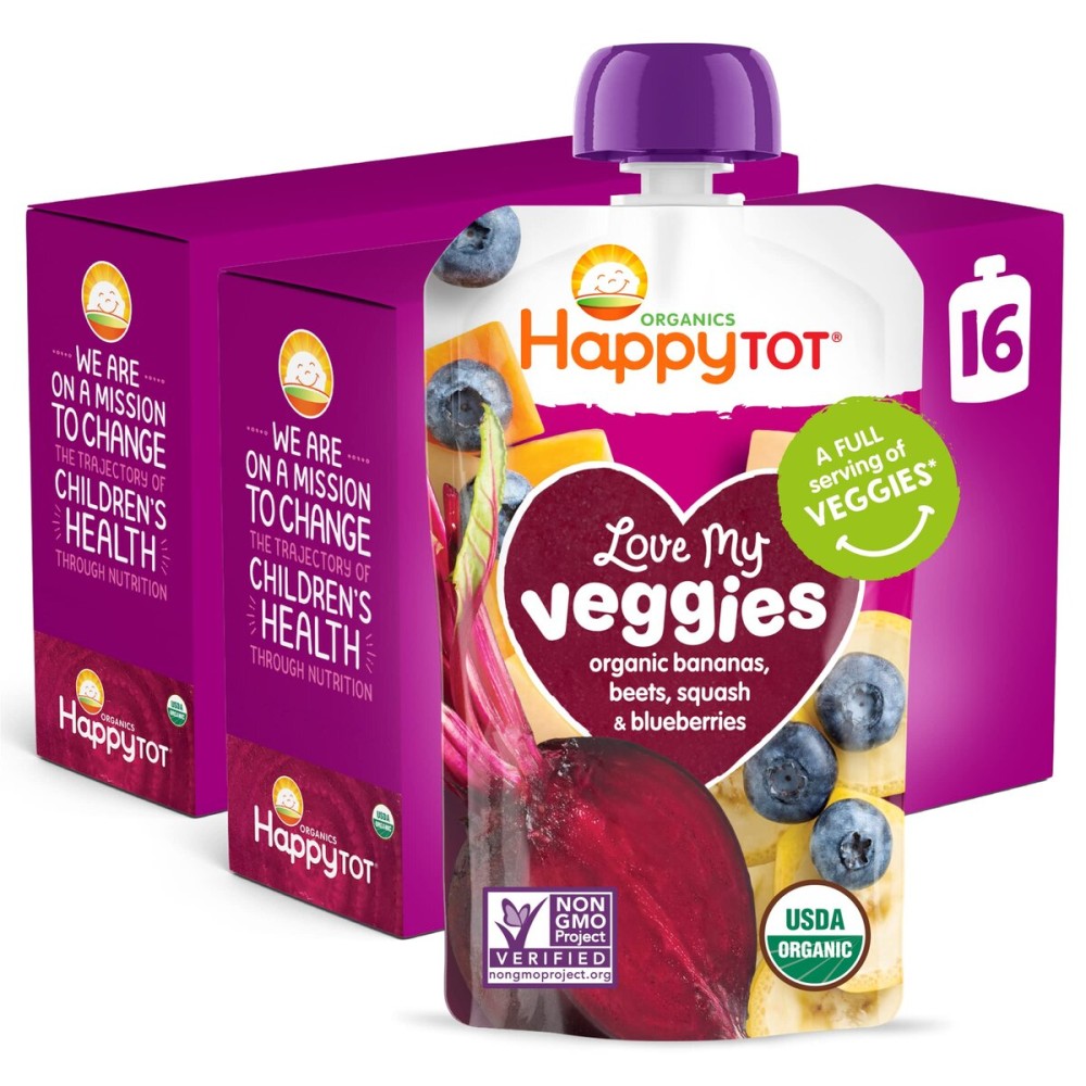 HAPPYTOT Organics Stage 4 Baby Food Pouches, Gluten Free, Vegan Snack, Love My Veggies, Fruit & Veggie Puree, Banana, Beet, Squash & Blueberry, 4.22 Ounce (Pack of 16)