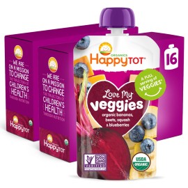 HAPPYTOT Organics Stage 4 Baby Food Pouches, Gluten Free, Vegan Snack, Love My Veggies, Fruit & Veggie Puree, Banana, Beet, Squash & Blueberry, 4.22 Ounce (Pack of 16)