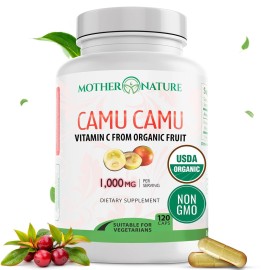 Organic Vitamin C from Camu Camu Capsules 1,000mg, Packed with Natural VIT C, Raw Antioxidants - Immune Support Supplement & Anti-Aging for Skin - Powder Organic, Vegan, Non-GMO (120 Count)