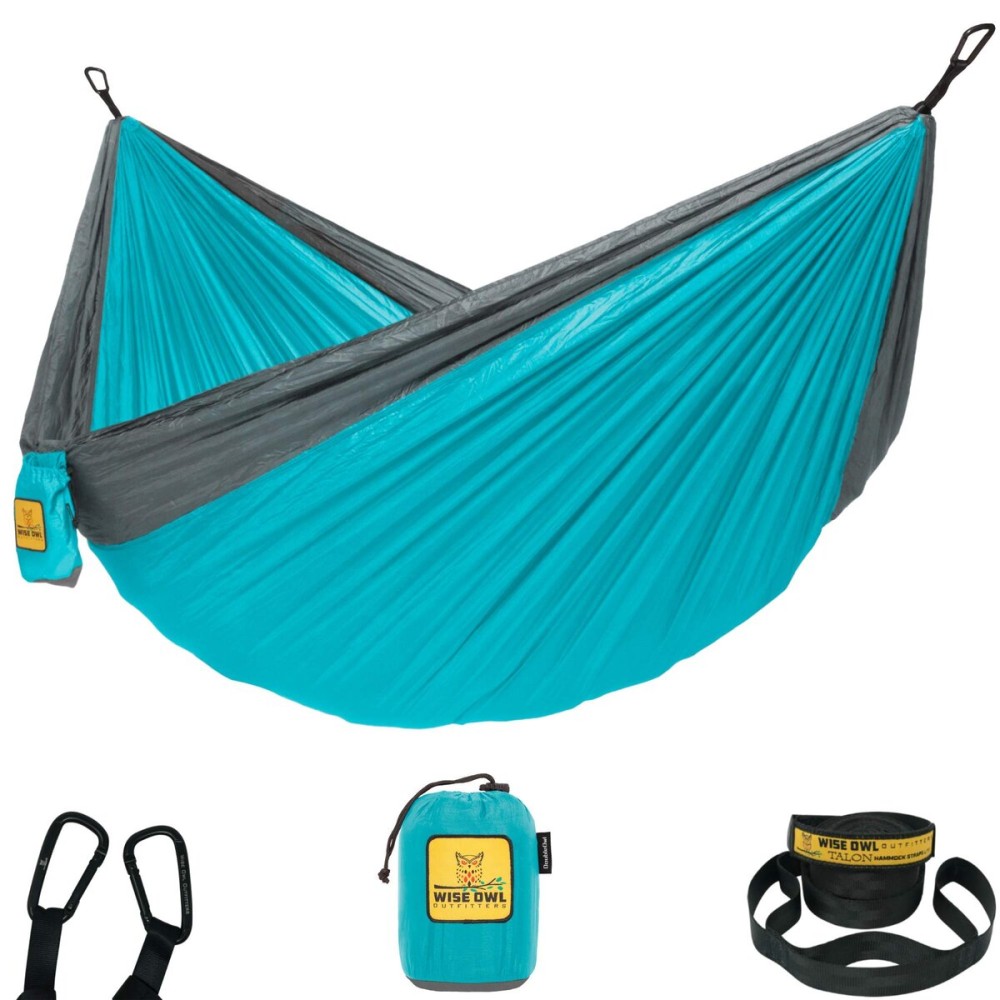 Wise Owl Outfitters Hammock for Camping Single Hammocks Gear for The Outdoors Backpacking Survival or Travel - Portable Lightweight Parachute Nylon SO Lt Blue & Grey