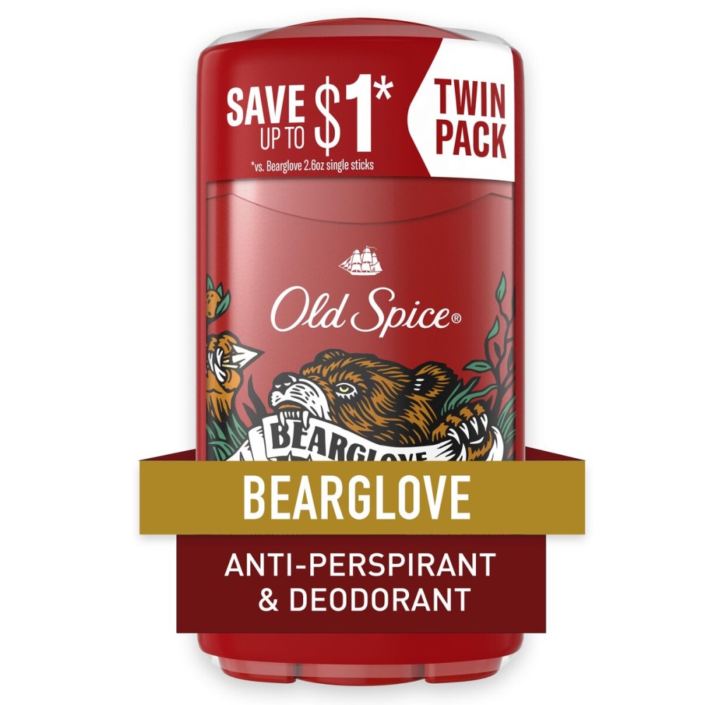 Old Spice Antiperspirant and Deodorant for men, 24/7 Sweat and Odor Protection, Bearglove Scent, Invisible Solid Stick, Twin Pack, 2 x 2.6oz