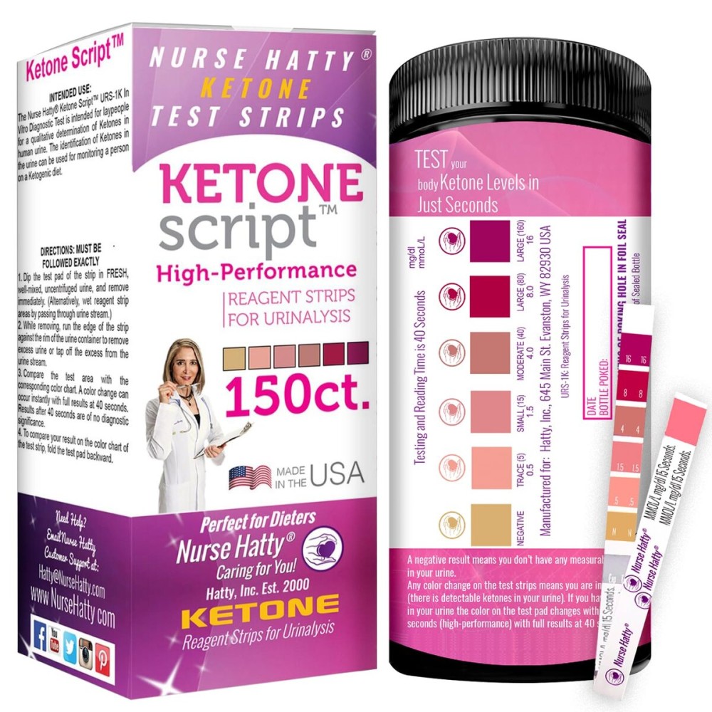 Nurse Hatty 150 - The ORIGINAL - PERFORMANCE-TESTED - USA-made Ketone Test Strip w Built-in Color Chart - Free Keto eBook & App - Urine Test for Ketogenic, Ketosis, Low Carb, Atkins & Paleo Diets - XL
