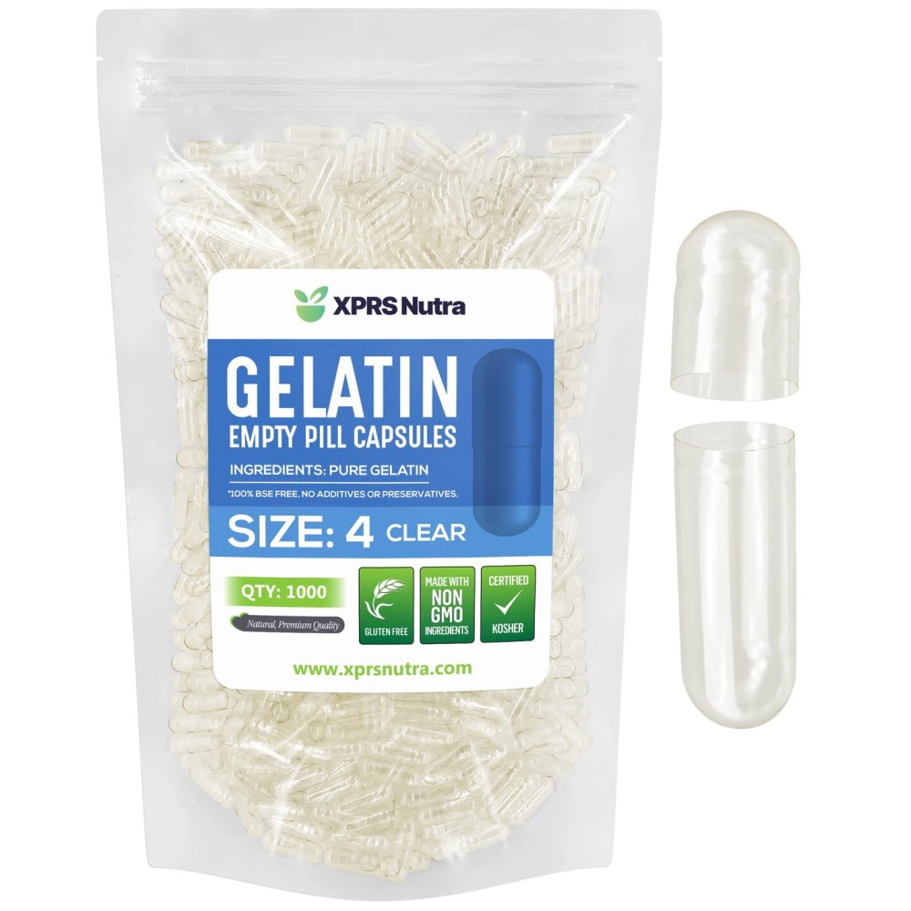 XPRS Nutra Size 4 Empty Capsules - 1000 Count Small Clear Empty Gelatin Capsules - Pills DIY Capsule Filling - Fillable Pure Bovine Pill Gel Caps for Do-It-Yourself Supplements