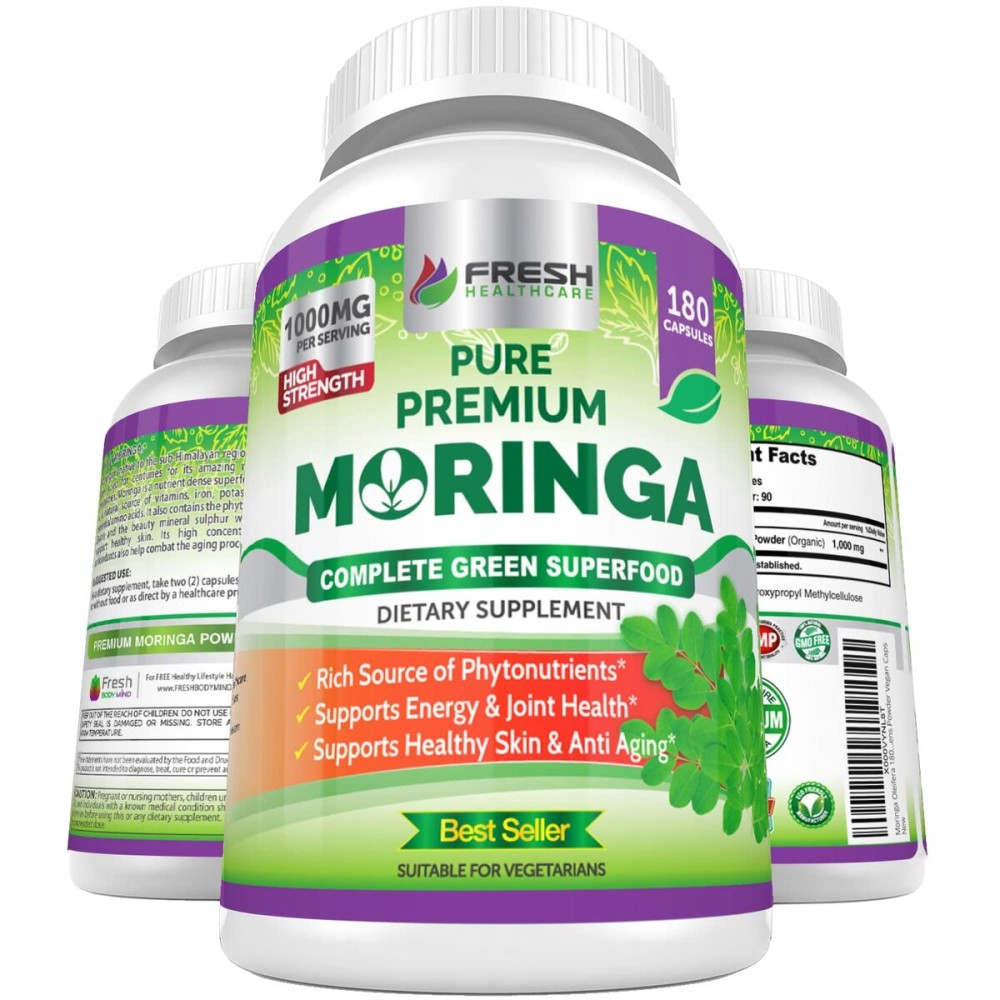 FRESH HEALTHCARE Moringa Capsules - 100% Pure Leaf Powder - 180 Pills, Non-GMO - 3 Month Supply - Complete Green Superfood for Energy, Skin, Immune & Gut Health Support
