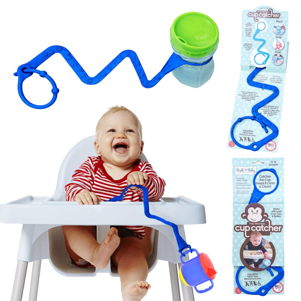 Brilli Baby Cup Catcher Patented Safety Tether Strap, Attach Sippy Cups, Bottles, Pacifiers & More to Stroller, High Chair, Car Seat, Made in USA, Food Grade, Dishwasher Safe (Navy)