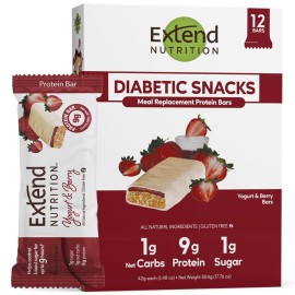 Extend Nutrition 1 Gram Sugar High Protein Bars, Perfect Diabetic Snacks for Adults and Kids, High Protein Bars for Hunger Control & Steady Energy, Low Carb, Keto Friendly, Yogurt and Berry, 12 Count