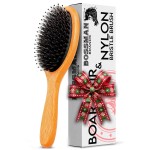 Bossman Men\'s Boar and Nylon Bristle Hair and Beard Brush - Detangling & Straightening Wooden Oval Wet Brush - Ergonomic Bamboo Design