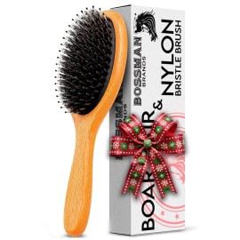 Bossman Men\'s Boar and Nylon Bristle Hair and Beard Brush - Detangling & Straightening Wooden Oval Wet Brush - Ergonomic Bamboo Design