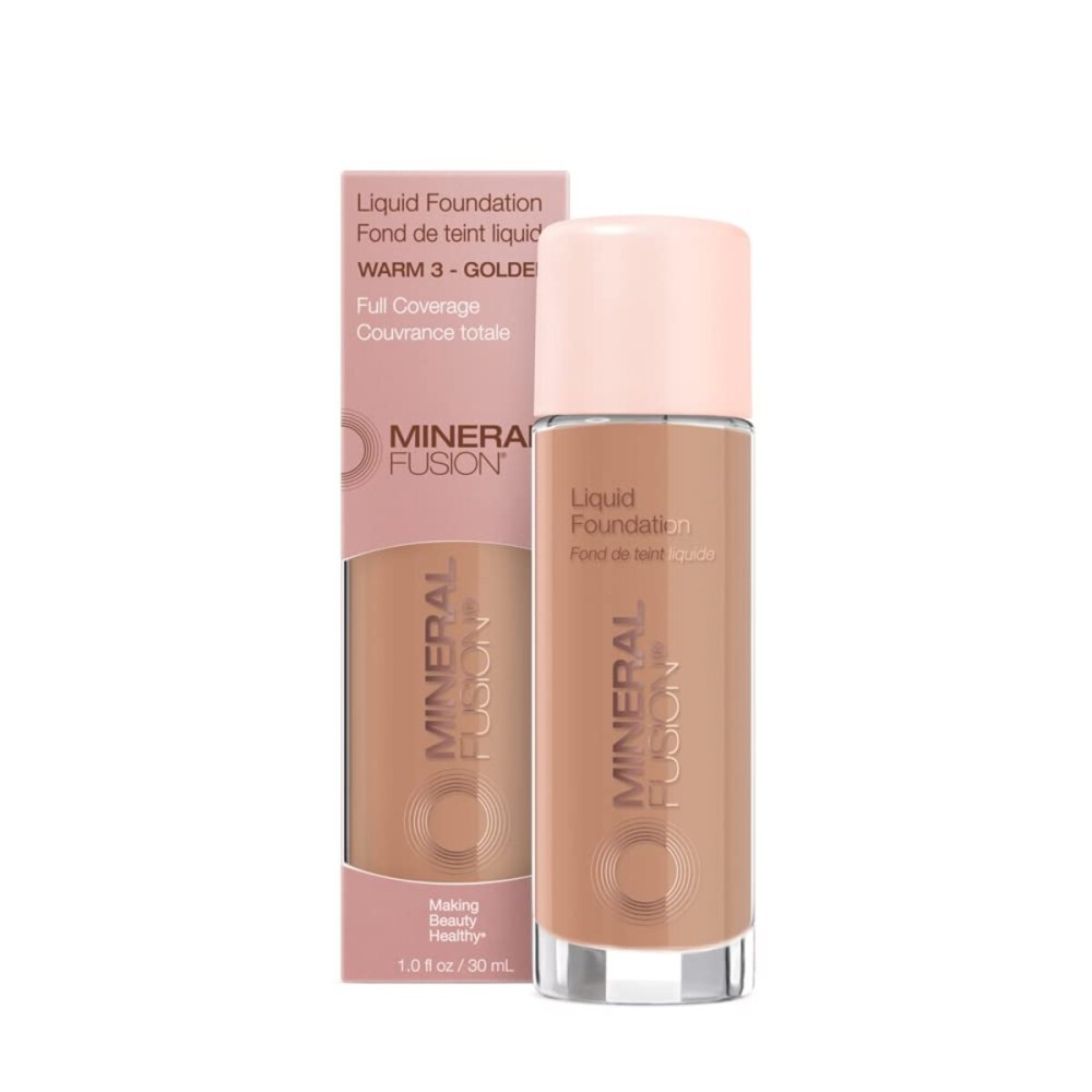 Mineral Fusion Full Coverage Foundation, Liquid Foundation - Warm 3- Medium to Tan Complexion w/Golden Undertones, Lightweight Matte Finish, Up to 12 Hr Hydration, Hypoallergenic & Vegan, 1 fl. oz