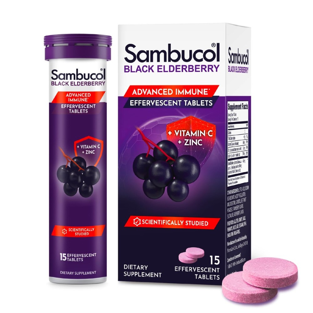 Sambucol Black Elderberry Effervescent Tablets - Elderberry with Zinc and Vitamin C for Adults, Elderberry Dissolving Tablets, Berries - 15 Count