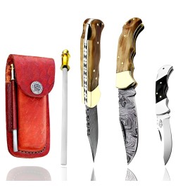 Best.Buy.Damascus1 Damascus Pocket Knife Set, 6.5 Folding Hunting Knife with 3 Real Damascus Blade & Olive Wood Handle, EDC Camping Knife for Men with Leather Sheath, 5.5 Mini Knife, Sharpener & Gift Box