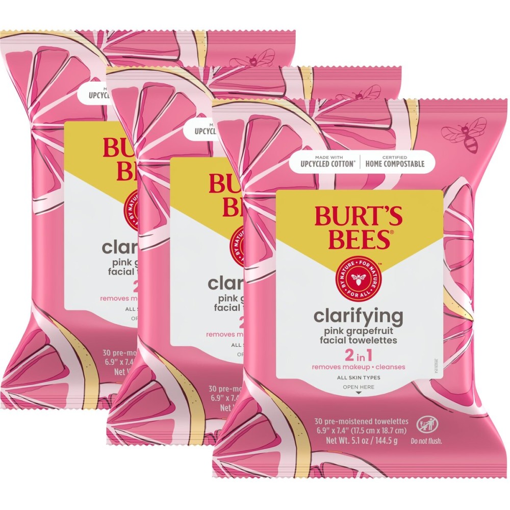 Burt\'s Bees Stocking Stuffers, Pink Grapefruit Face Wipes, for All Skin Types, Hydrating Makeup Remover & Facial Cleansing Towelettes, Skin Care Christmas Gifts, 30 Ct. (3-Pack)