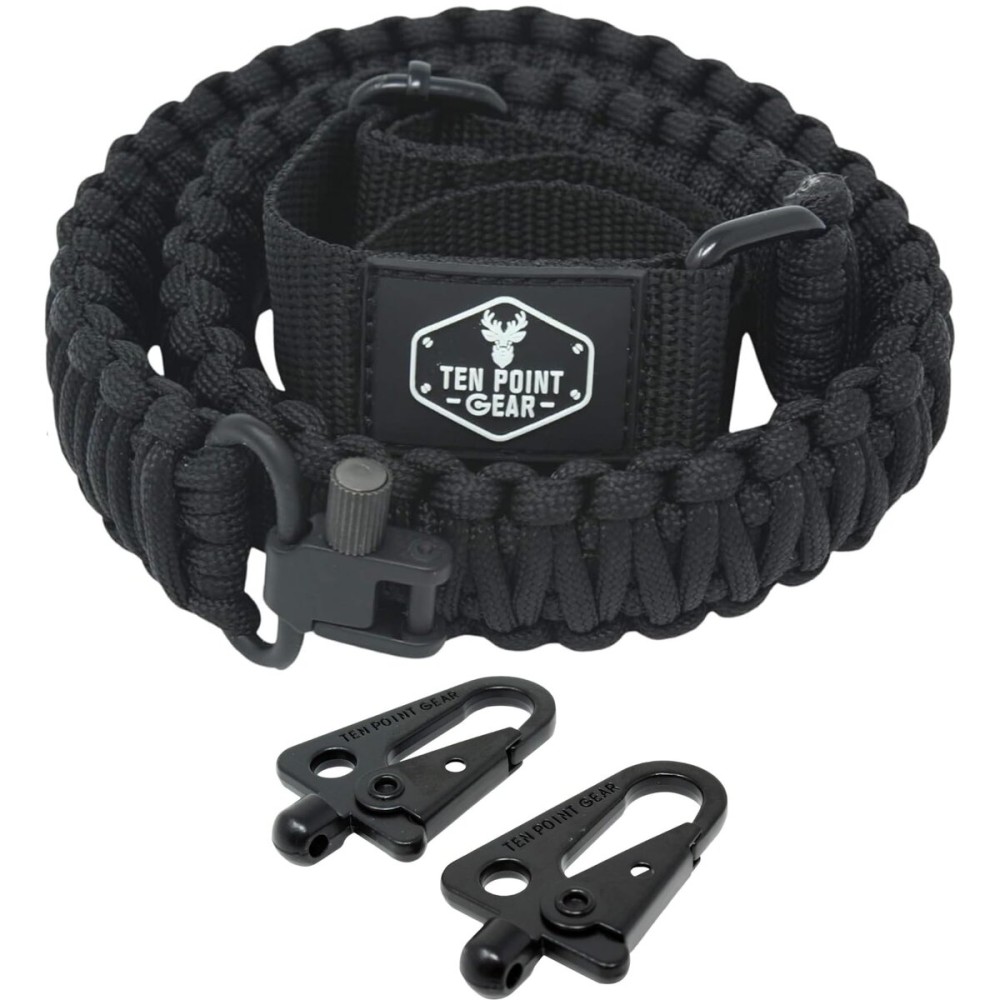 Ten Point Gear - 2 Point Gun Sling 550 Rated Outdoor Paracord with Adjustable Swivels and Patented Clips for Rifle, Shotgun, and Crossbow Perfect for Hunting, Shooting, Gun Safety - Black