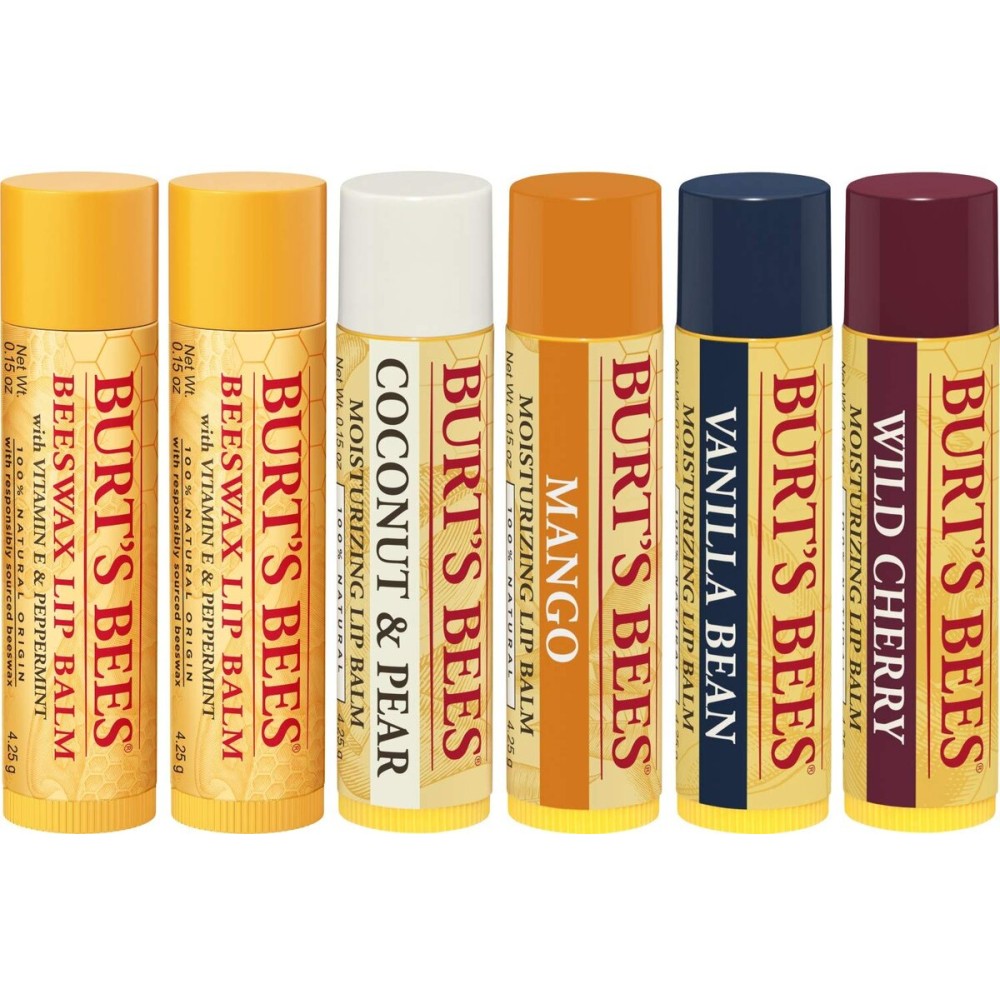 Burt\'s Bees 100% Natural Moisturizing Lip Balm, Multipack - Original Beeswax, Coconut & Pear, Vanilla Bean, Mango & Wild Cherry with Beeswax & Fruit Extracts - 6 Tubes
