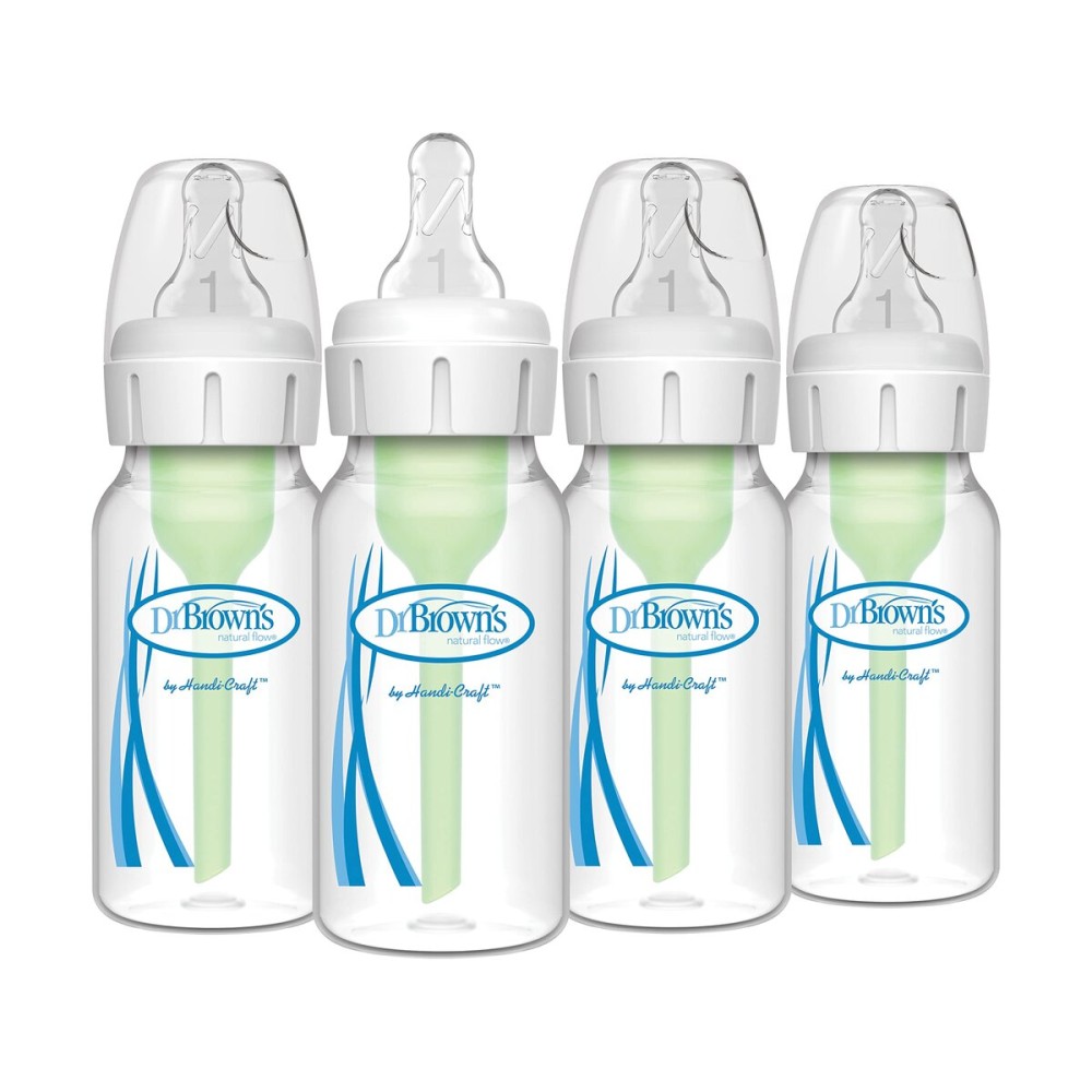 Dr. Brown\'s Natural Flow Anti-Colic Options+ Narrow Baby Bottle, 4 oz/120 mL, with Level 1 Slow Flow Nipple, 0m+, 4 Pack
