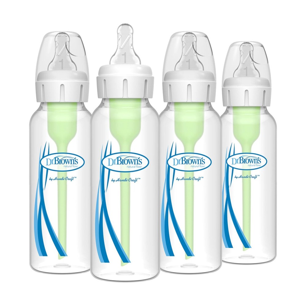 Dr. Brown\'s Natural Flow Anti-Colic Options+ Narrow Baby Bottle, 8 oz/250 mL, with Level 1 Slow Flow Nipples, 0m+, 4 Pack