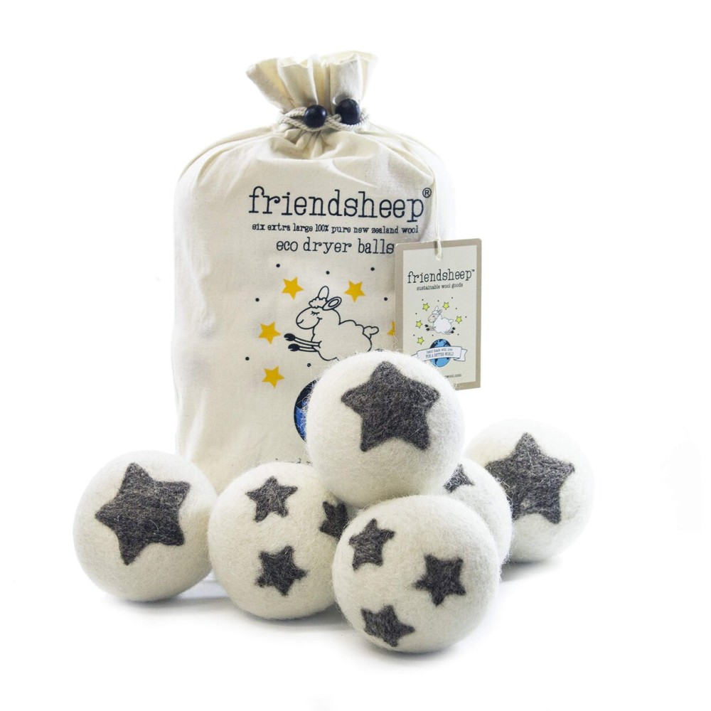 Friendsheep Wool Dryer Balls, Organic Reusable Fabric Softener Alternative for Laundry, Handmade, Fair Trade, Hypoallergenic, Eco-Friendly, Plastic-Free (6 Pack XL - Stars Galore)