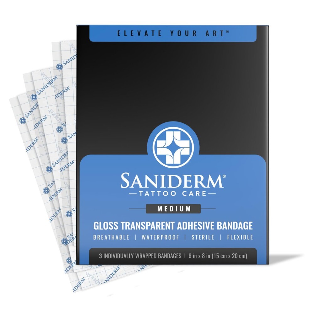 Saniderm Tattoo Aftercare Bandage 3 Sheets (Medium Pack, 6 in x 8 in) - Convenient, Faster Tattoo Healing and Protection - Sterile, Waterproof, and Latex-Free
