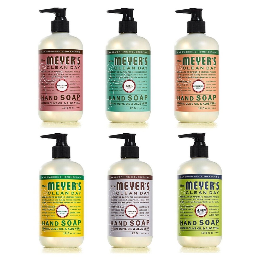 Mrs. MEYER\'S CLEAN DAY Hand Soap Scent Variety Pack Includes 1 of Each, Rosemary + Basil + Geranium + Honeysuckle + Lavender + Lemon Verbena, (Count of 6)