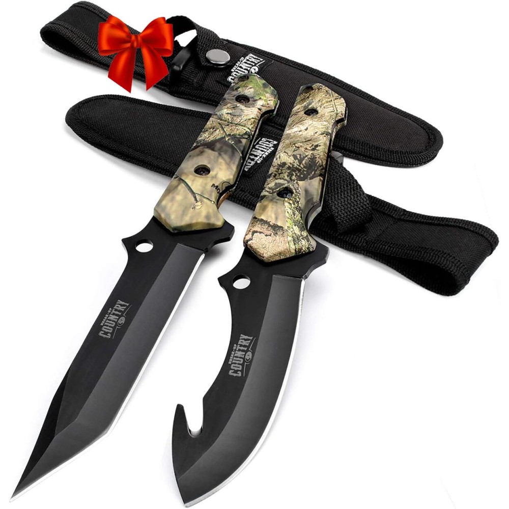 Mossy Oak Fixed Blade Hunting Knife Set - 2 Piece, Full Tang Handle Straight Edge and Gut Hook Blades Game Processing Knife, Sheath Included - Yellow Camo