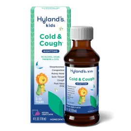 Hyland\'s Kids Cold and Cough, Nighttime Grape Flavor Cough Syrup Medicine for Kids Ages 2 and up, Decongestant, Sore Throat, and Sleeplessness Relief of Common Cold Symptoms, 4 Fl Oz