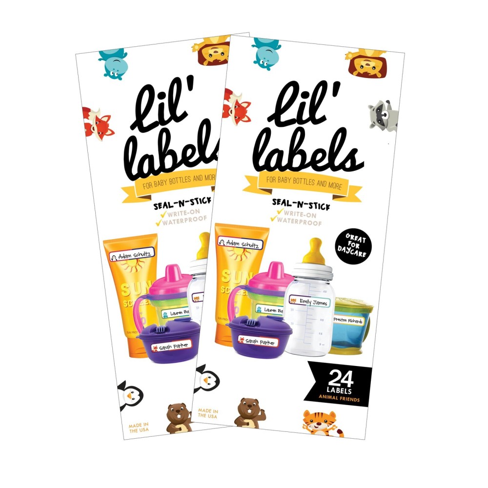 Bottle Labels, Write-On Name, Self-Laminating, Waterproof, Baby Bottle Label for Daycare, Made in The USA (Animal Friends Set of 2)