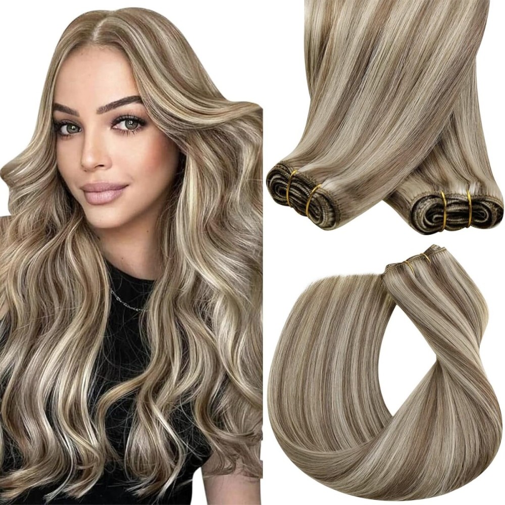 Sunny Hair Sew in Hair Extensions Real Human Hair 14inch Light Brown Mix Blonde Highlights Human Hair Weft Extensions For Women Real Hair Silky Soft Hand Tied Weft Hair Extensions Human Hair 70g