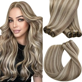 Sunny Hair Sew in Hair Extensions Real Human Hair 14inch Light Brown Mix Blonde Highlights Human Hair Weft Extensions For Women Real Hair Silky Soft Hand Tied Weft Hair Extensions Human Hair 70g
