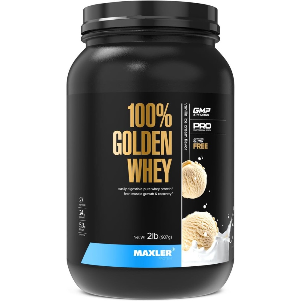Maxler 100% Golden Whey Protein - 24g of Protein per Serving - Whey Protein Powder for Pre Post Workout - Fast-Absorbing Whey Concentrate, Isolate & Hydrolysate Blend - Vanilla Ice Cream 2 lb