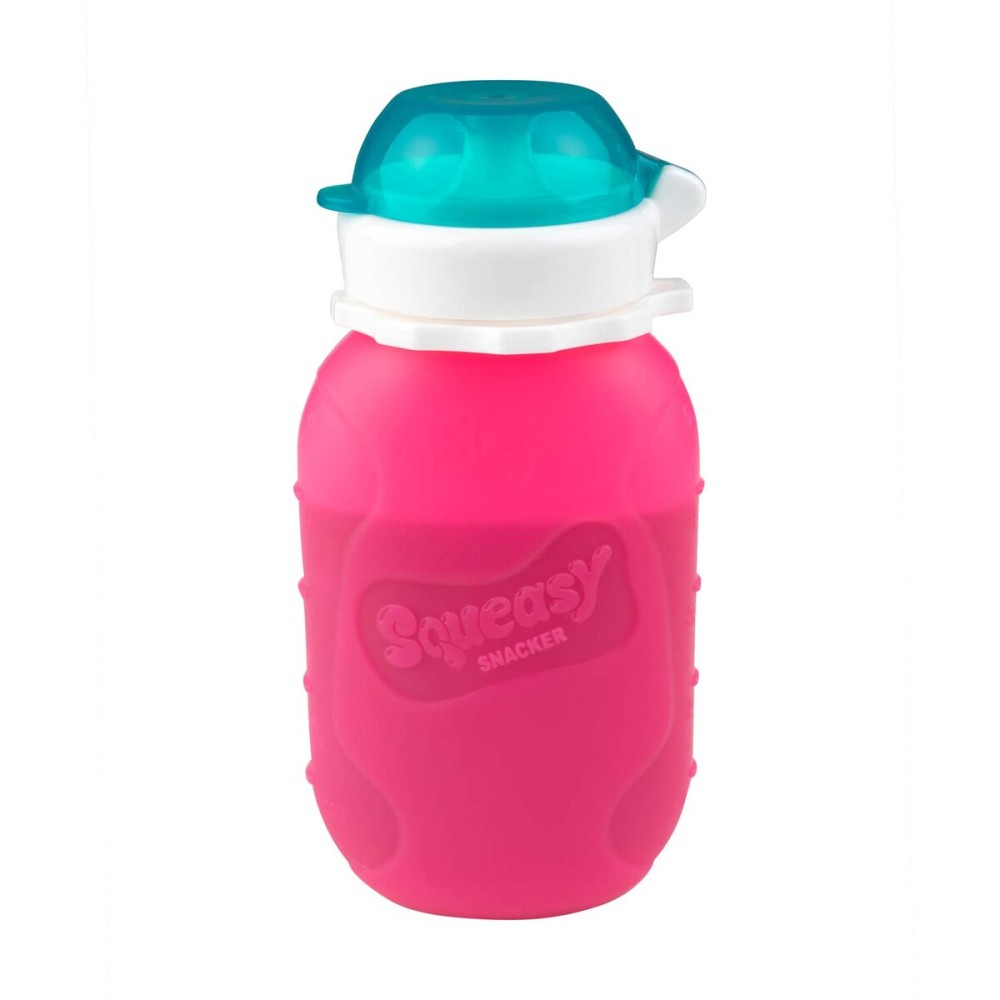 Pink 6 oz Squeasy Snacker Spill Proof Silicone Reusable Food Pouch - for Both Soft Foods and Liquids - Water, Apple Sauce, Yogurt, Smoothies, Baby Food - Dishwasher Safe