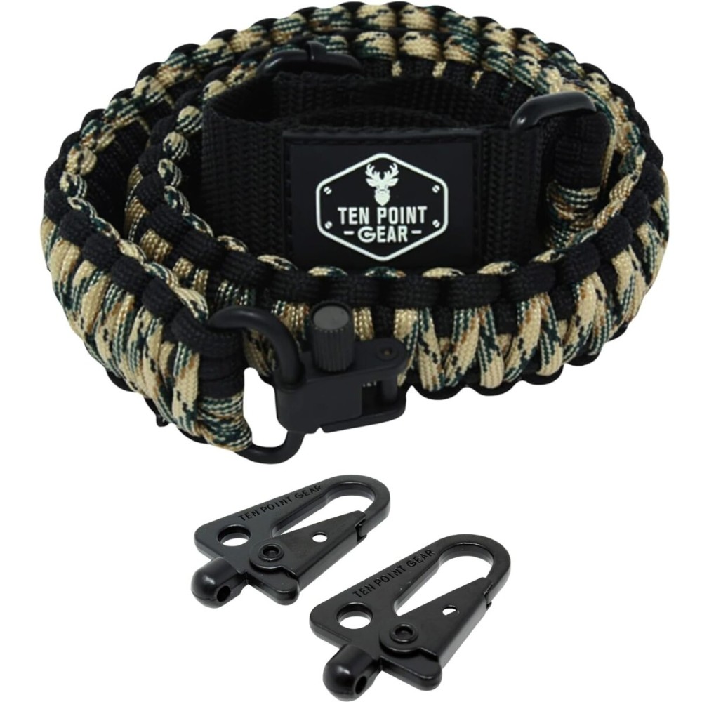 Ten Point Gear - 2 Point Gun Sling 550 Rated Outdoor Paracord with Adjustable Swivels and Clips for Rifle, Shotgun, and Crossbow Perfect for Hunting, Shooting, Gun Safety - Black & Tan/Green Camo