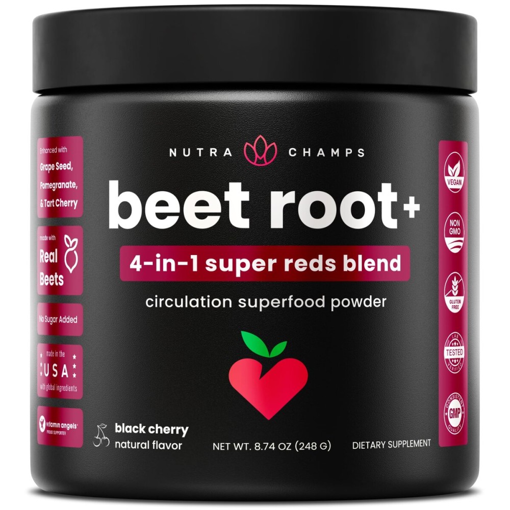 NutraChamps Beet Root Powder Circulation Supplement, Superfood Powder Nitric Oxide with Beetroot Juice, Super Reds & Grape Seed Extract, No Sugar Beet Supplement - 8.74 Oz